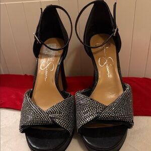 Jessica Simpson Black Crystal Cross-Band Ankle-Strap Heels